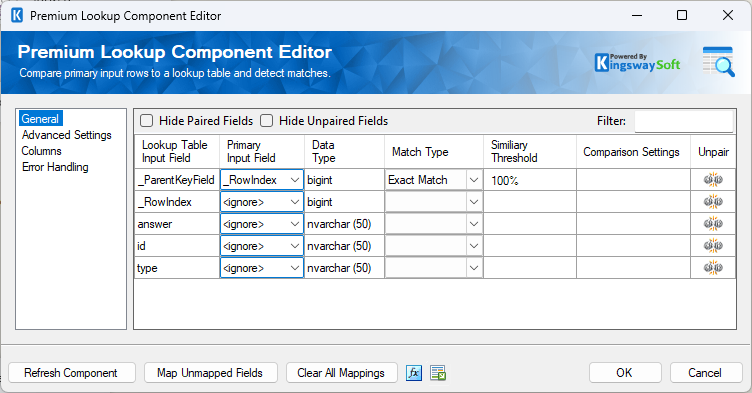 KingswaySoft Premium Lookup Component Editor showing data type mapping and match type configuration.